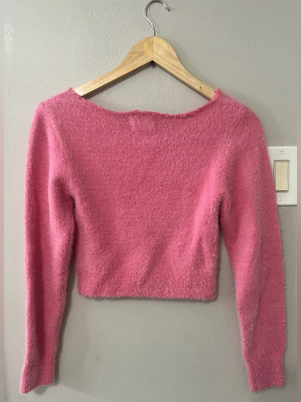 Urban Outfitters Fuzzy Pink Cropped Sweater Coquette Fairycore Raw Hem